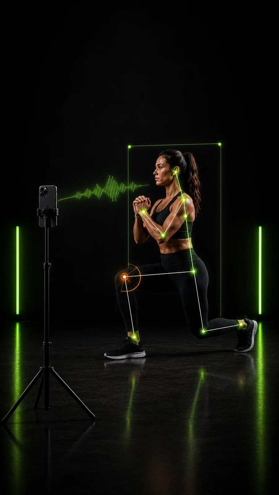 Woman performing a reverse lunge beside an iPhone, with illustrated body-tracking landmarks.